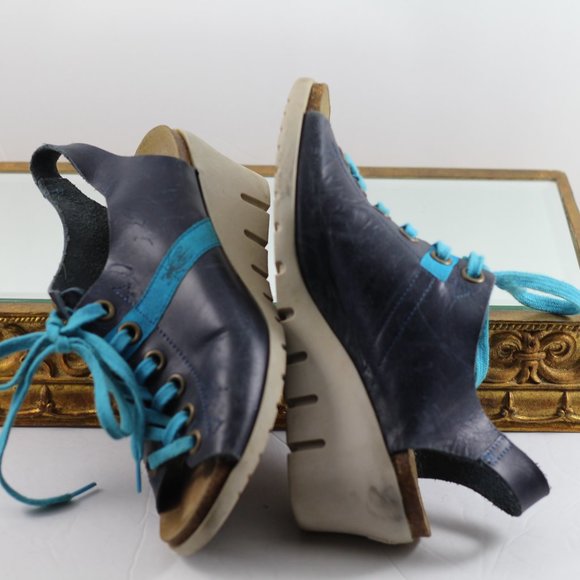 Vintage Fly Girl Blue Leather Peep Toe Wedges - Picture 8 of 15